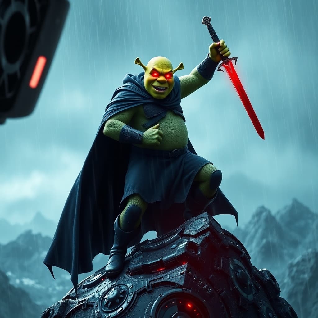 AI generated: A futuristic sci-fi scene depicting an intimidating Shrek-like antihero with neon red eyes, heroical...