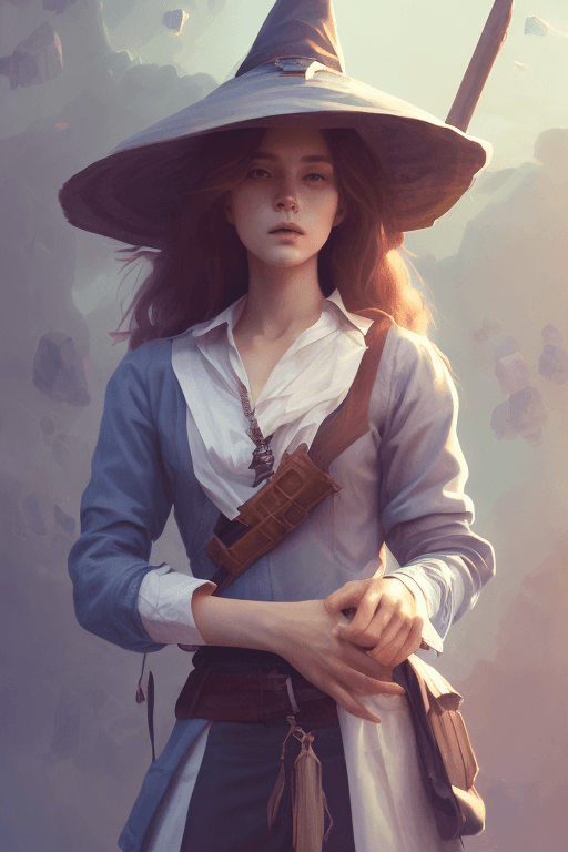 AI generated: rugged girl witch wearing magic school uniform, large wide - brimmed witch hat, cinematic, elaborate...