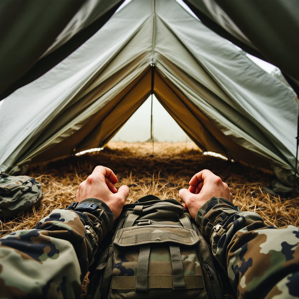 AI generated: First-person POV of a Military Tent, The camera shows your Hands on Army Bag, 