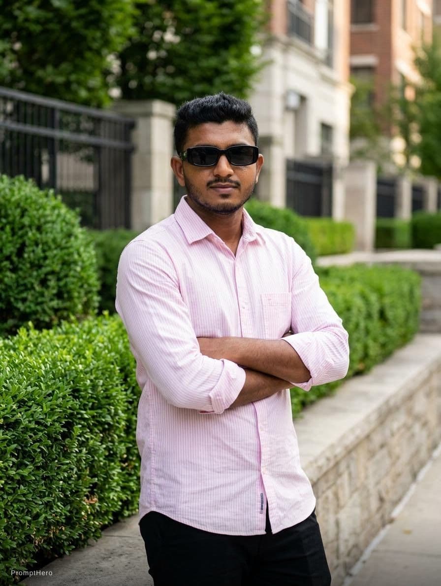 AI generated: Ultra-realistic outdoor fashion portrait of a handsome young South Asian man standing confidently be...
