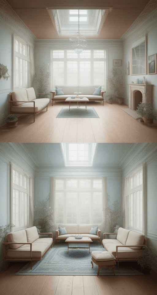 AI generated: High resolution photography interior design, dreamy sunken living room conversation pit, wooden floo...