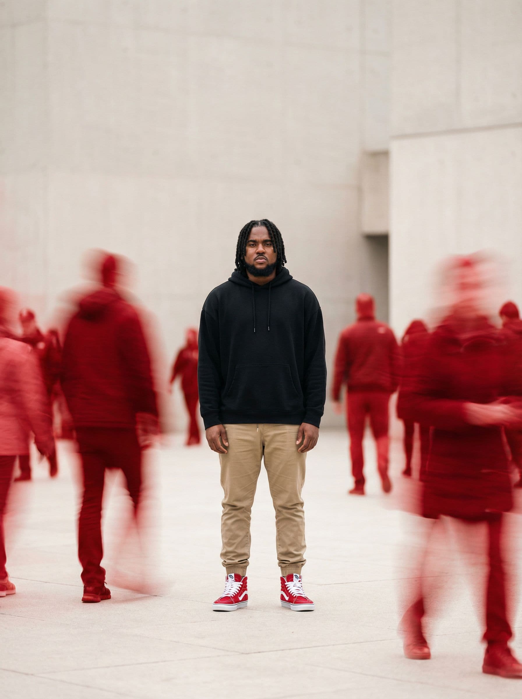AI generated: editorial photography, front shot, capturing urban hustle with a single focused male model, standing...
