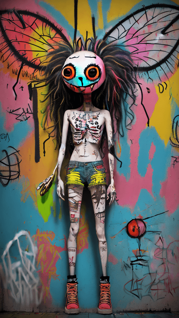 AI generated: graffitied on the wall invision my imaginary friend a Absurd Embroidery bird head spider legs red or...