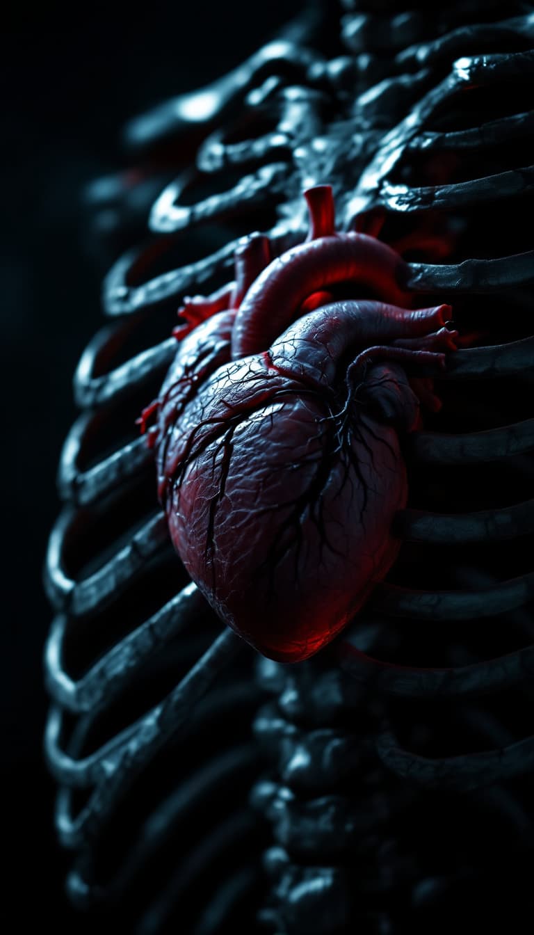 AI generated: Close-up of a human ribcage, revealing a realistic, beating heart inside. Dramatic cinematic lightin...