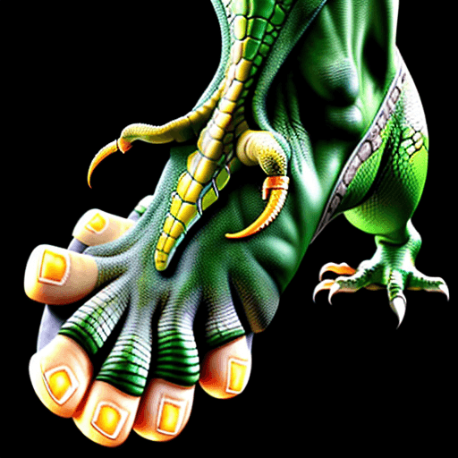 AI generated: a human foot similar to a dinosaur's foot with reptile claws instead of human nails.