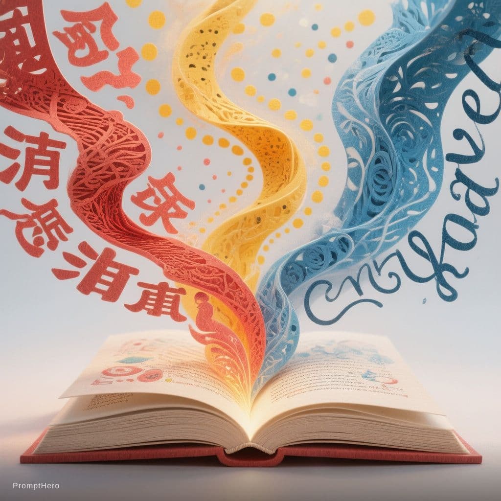 AI generated: An open book at the center, glowing softly. From its pages, three ribbons of color flow out: a red r...