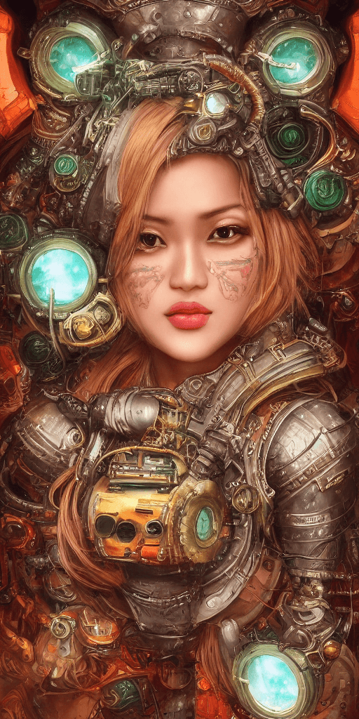 AI generated: realistic cute Malay women, hyperdetailed steampunk spaceship interior, cinematic shot, upper body, ...