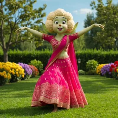 AI generated video: Human like vegetable gobhi in pink lehnga choli in garden dance on punjabi music video 