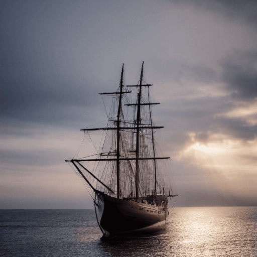 AI generated: photo of a sailing ship, dramatic light, pale sunrise, cinematic lighting, battered, low angle, 4k, ...