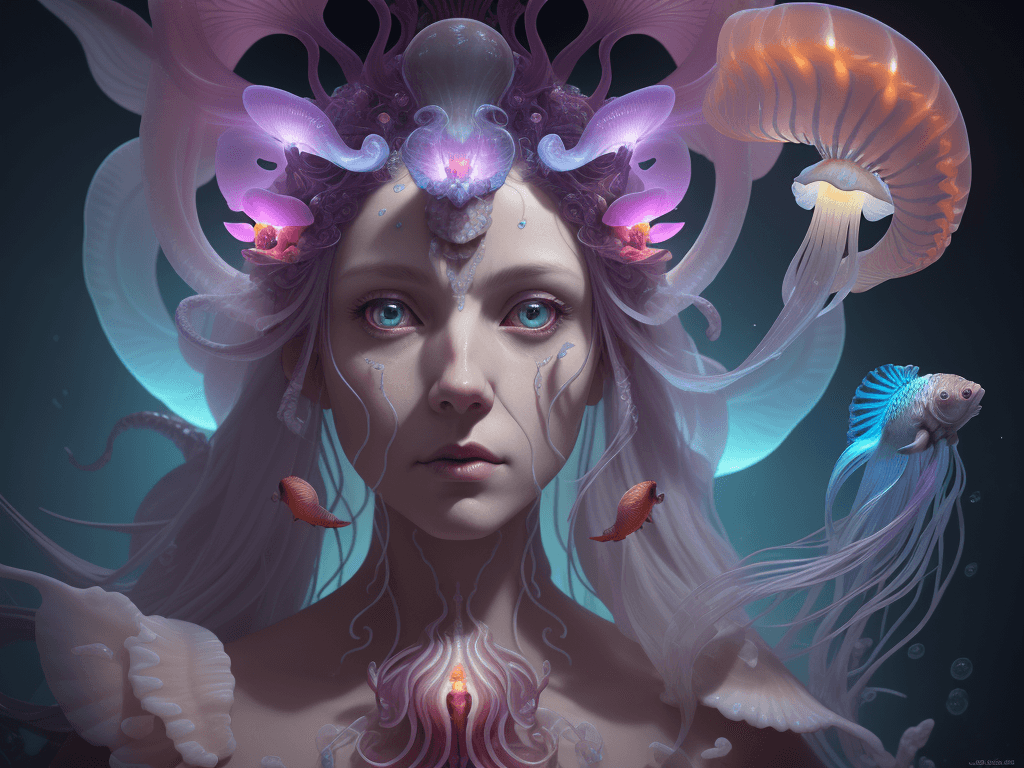 AI generated: Goddess close-up portrait ribcagel. jellyfish phoenix head, nautilus, orchid, skull, betta fish, bio...