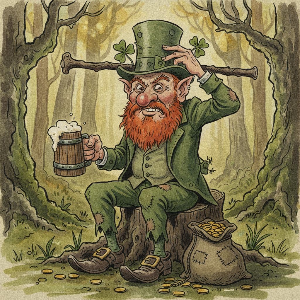 AI generated: an ugly leprechaun with a red beard and a mug of beer in one hand is beating himself by a stick in a...
