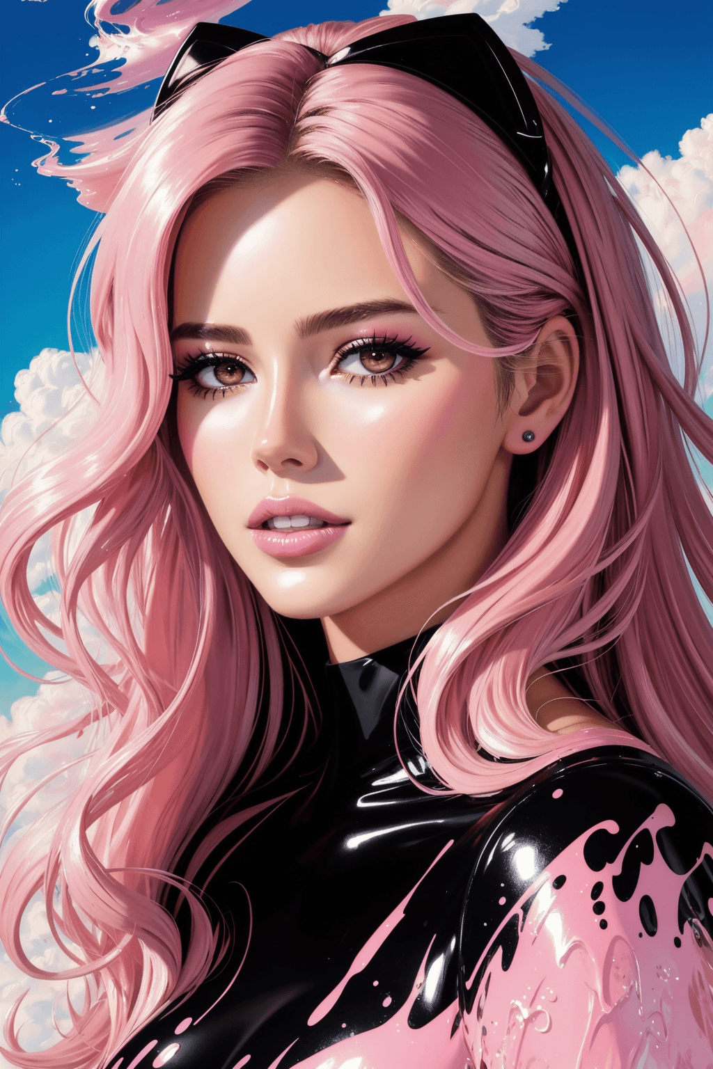 AI generated: portrait painting of (cindy crawford: claudia schiffer: 0.7) covered in clouds of smoke, whirlwind, ...