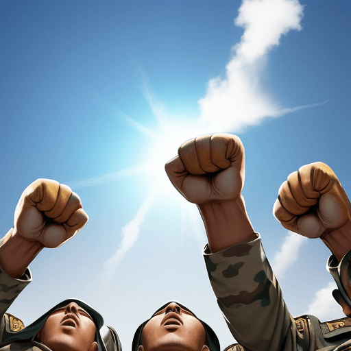 AI generated: millions of fists looking up to the sky in Israeli army uniform all fists should be a different skin...