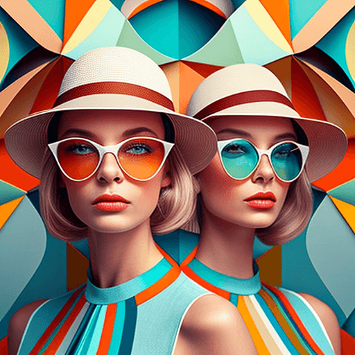 AI generated: beautiful women wearing summer colors, forms, architecture, lines, crossing body, colorful small hat...