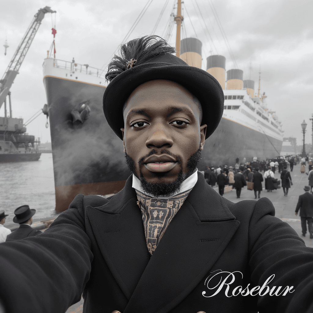 AI generated: full body view: A selfie photo of an african american influencer in a typical 1910s nobility's dress...