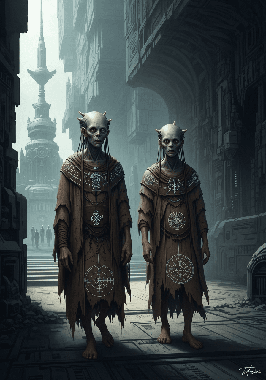 AI generated: /Artprompt Sci-fi, create a dystopian futuristic scene depicting two (strange beings:1.5) resembling...