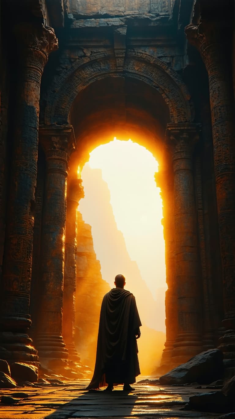 AI generated: "A lone man stands before a grand ancient archway, bathed in soft golden light. His hands are raised...