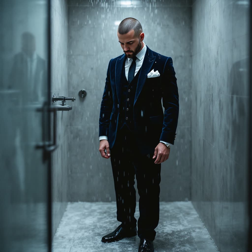 AI generated: A photograph of a suited man standing in the shower. The man is wearing a completely water-soaked na...