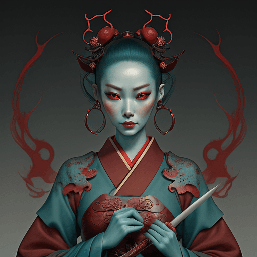 AI generated: a woman with an oriental face in photoshop and psd wuxia tanhao, in the style of natalie shau, teal ...