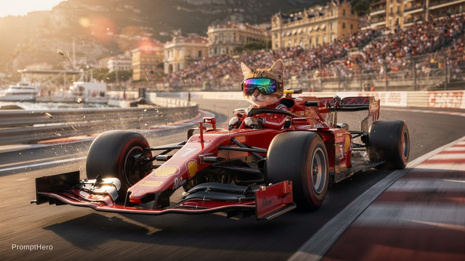 AI generated: realistic photo of an adventurous cat, sporting goggles, expertly navigates an F1 car around the tig...
