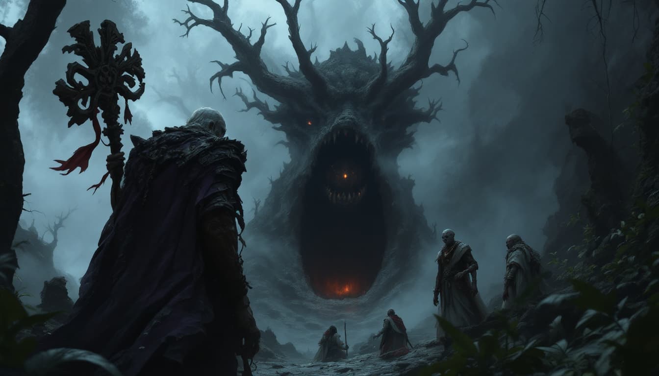 AI generated: - **The King**: Aged and weary, with sunken eyes and a tattered royal cloak of muted purple. He carr...