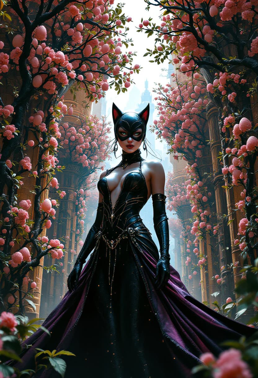 AI generated: Catwoman, poised majestically in a meld of the future and ancient Egyptian city setting, is encircle...