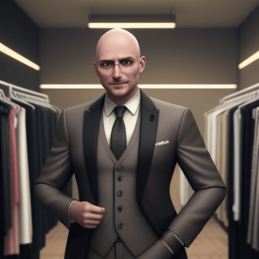 AI generated: bald, happy-go-lucky 45-year-old man in a women's clothing store, 
three-day ash-colored stubble, we...
