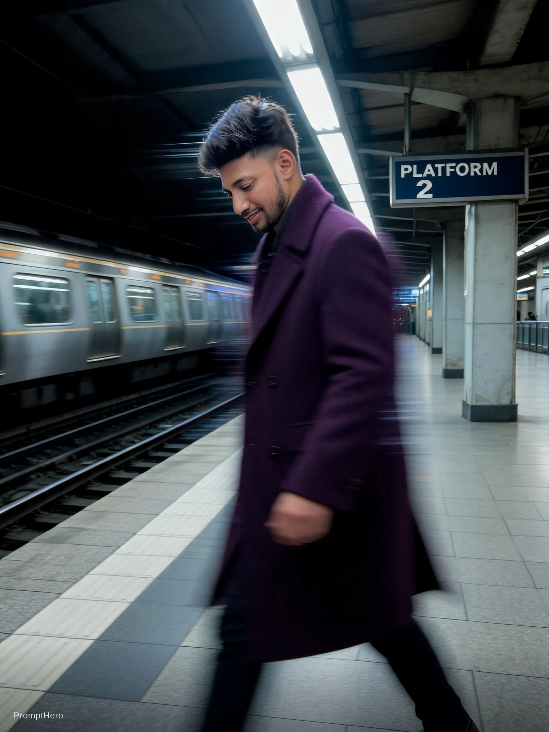 AI generated: fashion editorial photography, motion blur, male model, wearing an wool coat, deep purple color, wal...