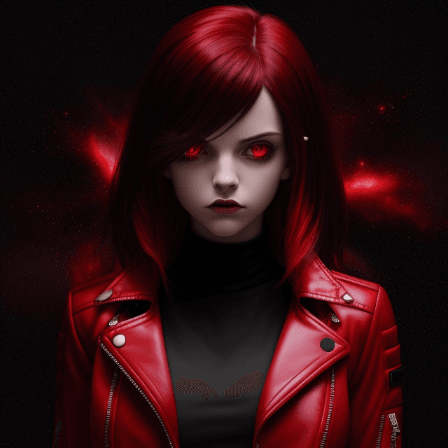 AI generated: emo girl. red leather jacket with black trim. red galaxy background. glowing red iris. red Pyrokines...