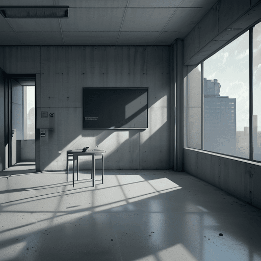 AI generated: social area with room and table inside a building with a concrete wall and a top-to-bottom window, a...