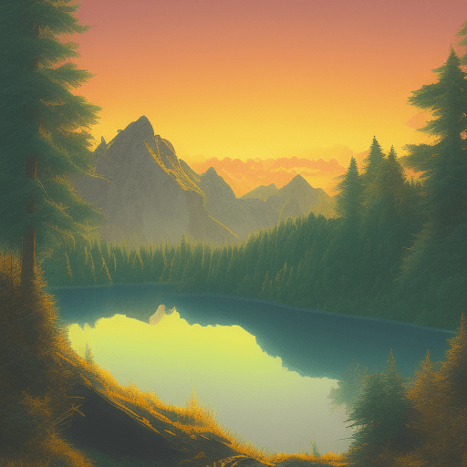 AI generated: Retro Sunset, Mountain Lake scene, green, gold, illustration, inspired by James Jean