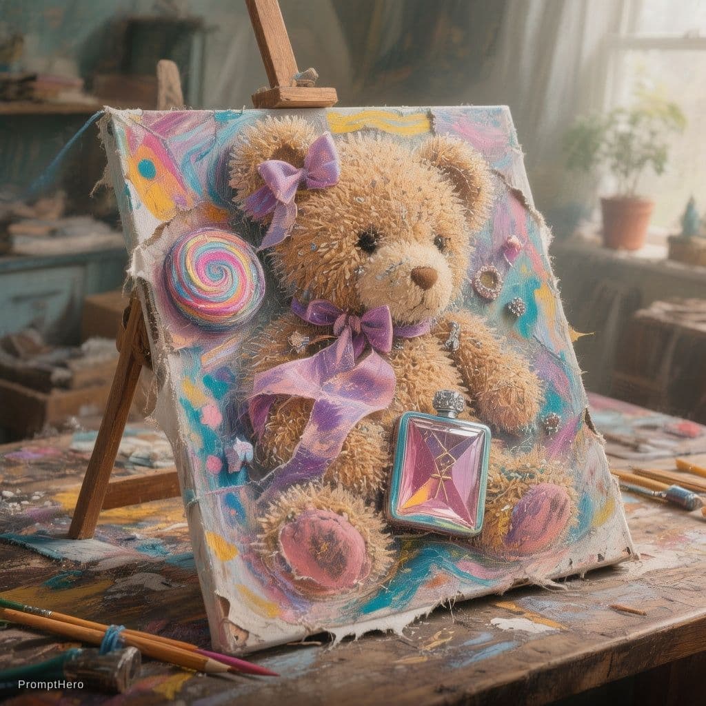 AI generated: 💔 1. “Breaking Innocence” Still Life
A carefully arranged still life:
•	Childhood objects (teddy, r...