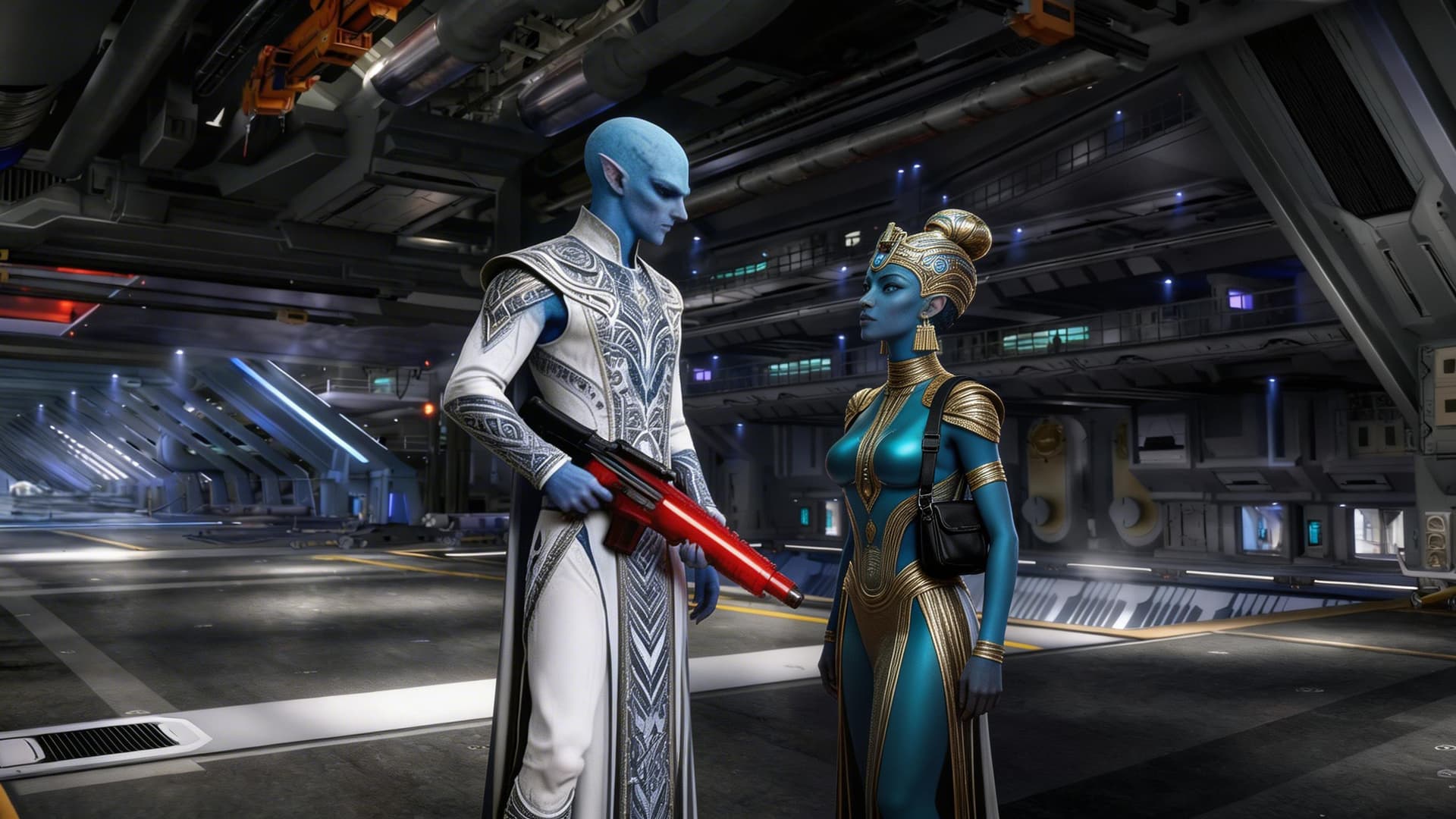 AI generated: The two characters face each other in the landing bay. Neither smiles, and both are serious. 

He is...