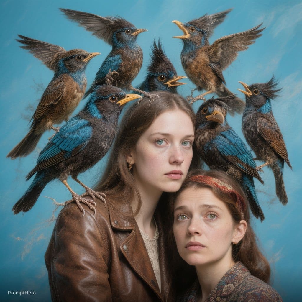 AI generated: a piece of artwork that contains multiple birds, a woman and a lady, in the style of bertil nilsson,...