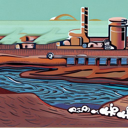 AI generated: man in foreground next to factory polluting river with chemicals in cartoon style