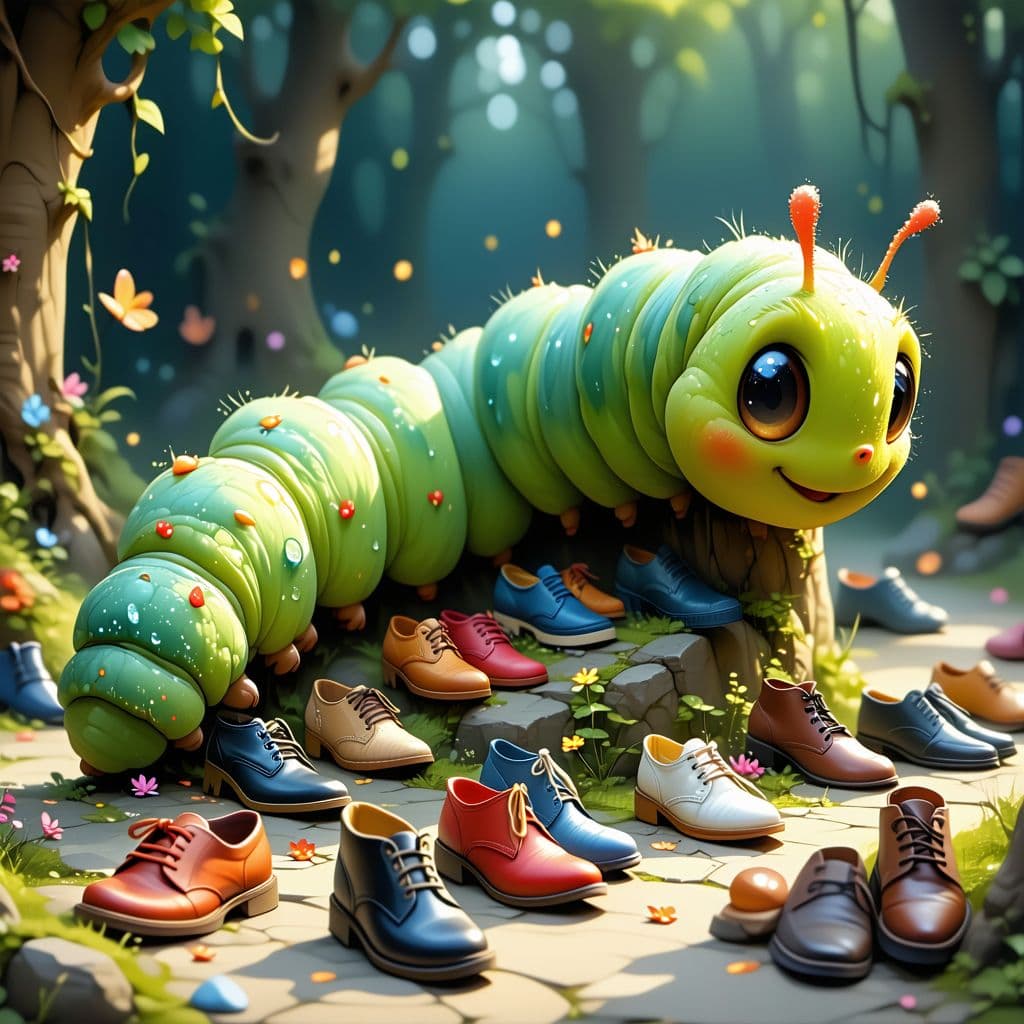 AI generated: A caterpillar that’s late for an event because he cannot find all his shoes.
lots of shoes 