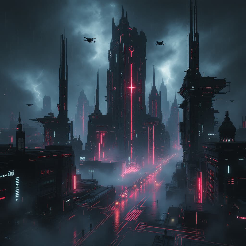 AI generated: A dystopian future, with a dark, ominous city covered in shadows. Jagged skyscrapers made of obsidia...