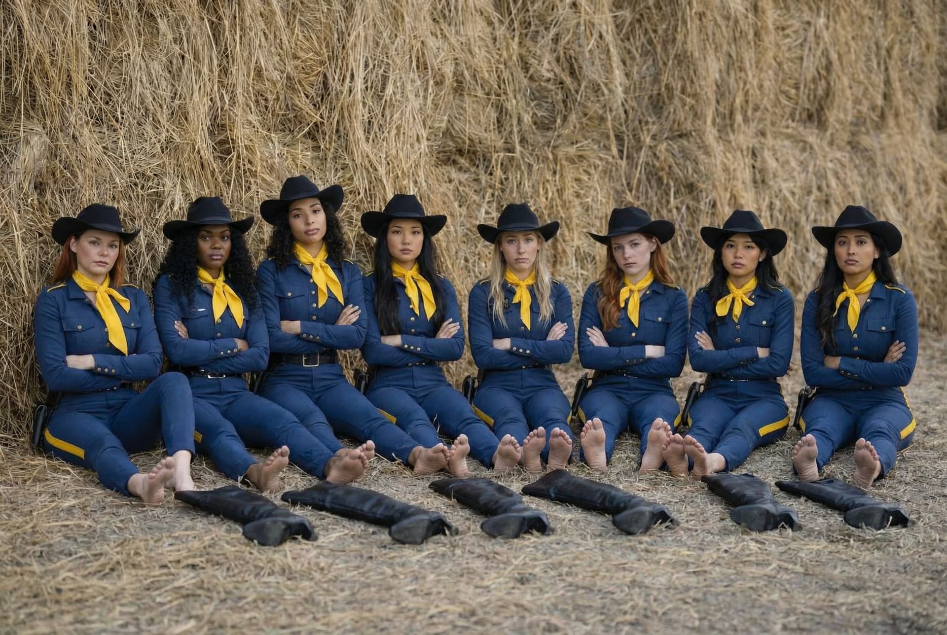 AI generated: All nine women sit next to each other, legs spread out, their over the knee boots lying in front of ...