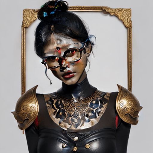AI generated: ebony skin woman with dark colored make up, fringe short curly hair in a bun, wearing circle framed ...
