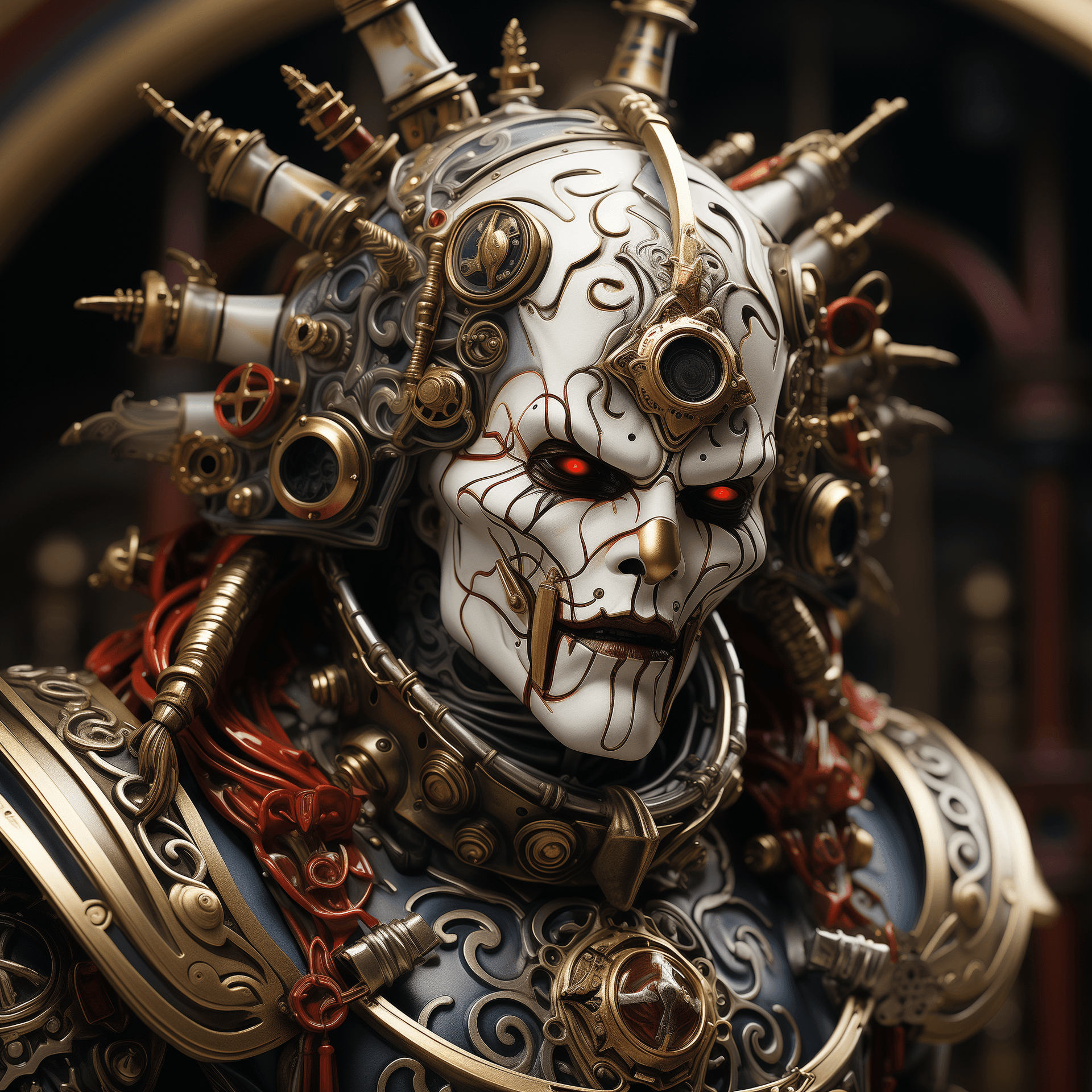 AI generated: Create an image of a mechanized automaton with a humanoid face, inspired by the fusion of baroque ar...