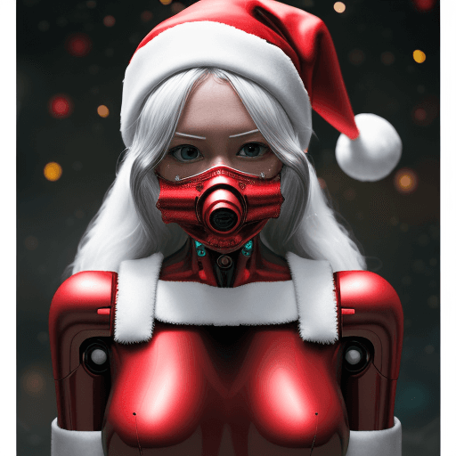AI generated: Hyperdetailed photo, Mid Shot Photo, Santa Claus,wells, female, (human:robot:0.2), opaque mask, grun...
