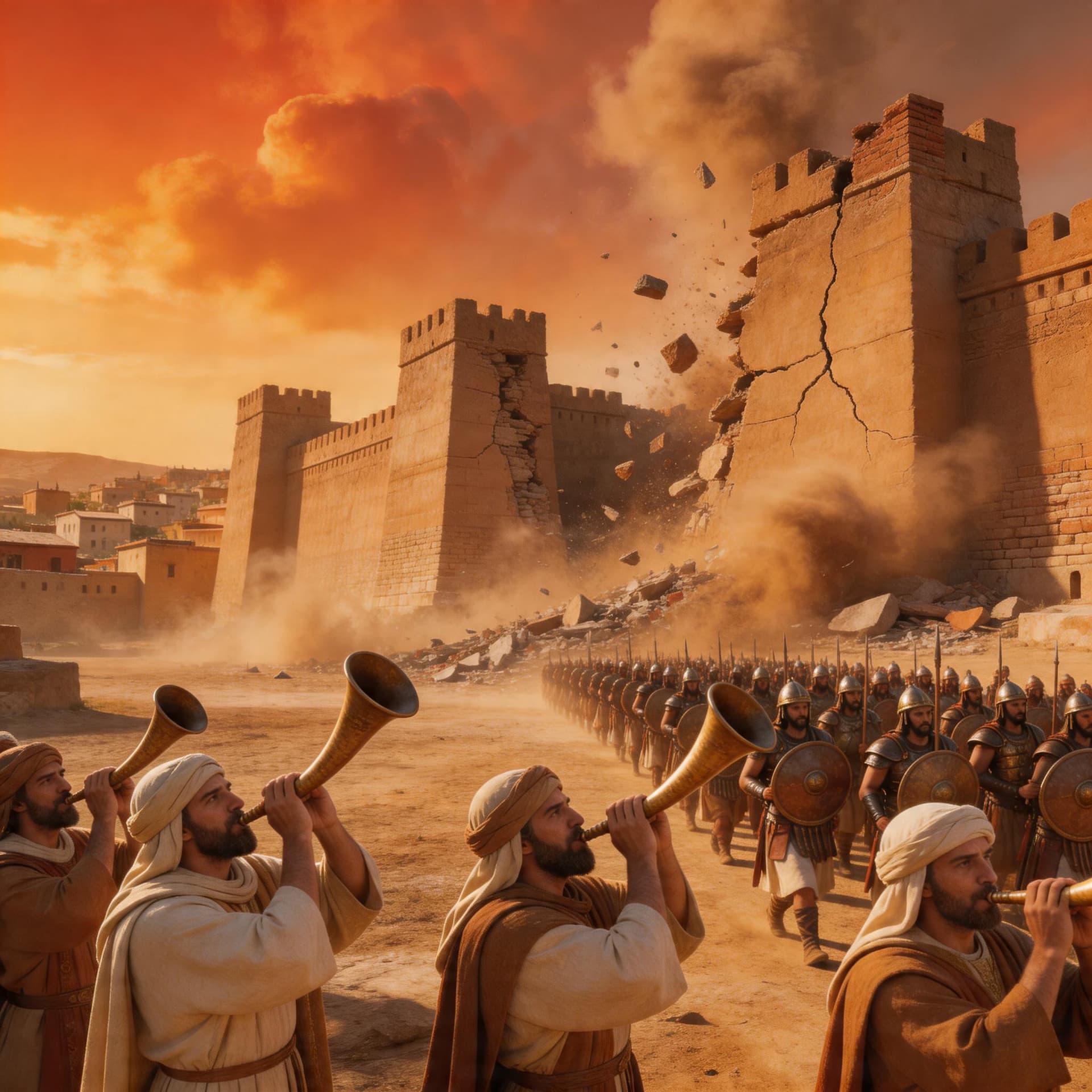 AI generated: Joshua and the Fall of Jericho
walls of Jericho collapsing as priests blow rams horns and Israelites...