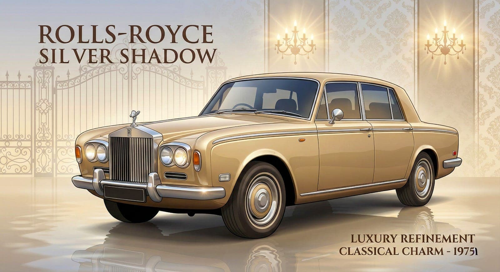 AI generated: Create a sophisticated vector artwork of a 1975 Rolls-Royce Silver Shadow in champagne gold, shown f...