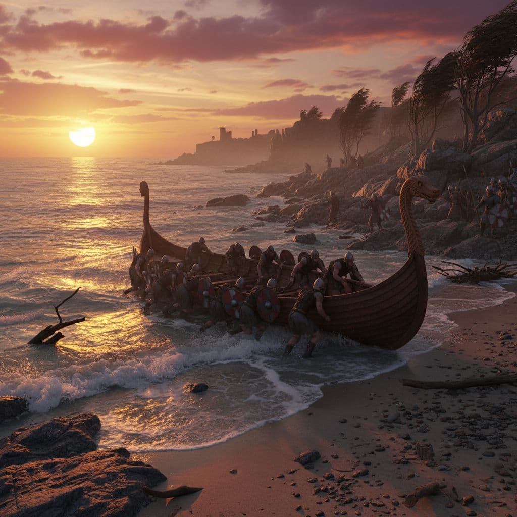 AI generated: Ultra-realistic 3D scene of a Viking longship landing on the shores of England at dawn.