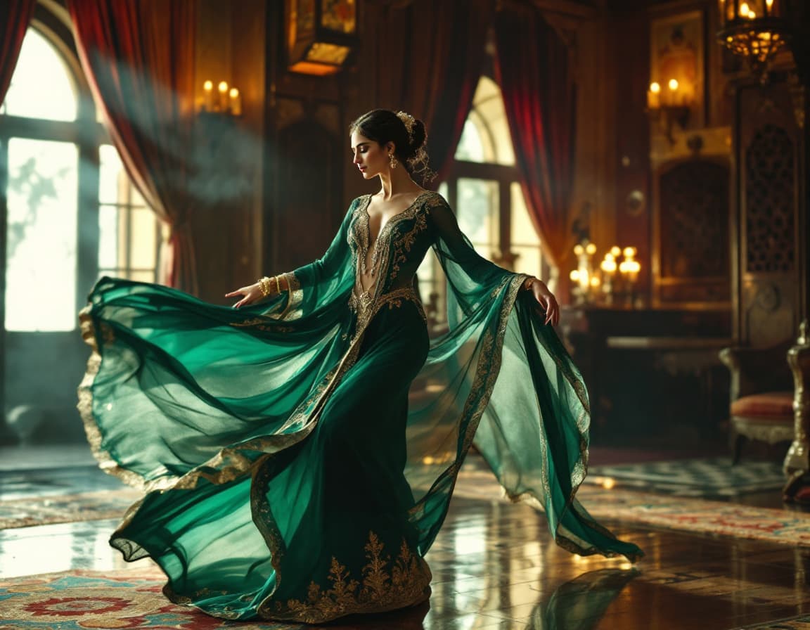 AI generated: Inside a lavish Ottoman harem, a woman performs a sensual and refined dance. She wears flowing garme...