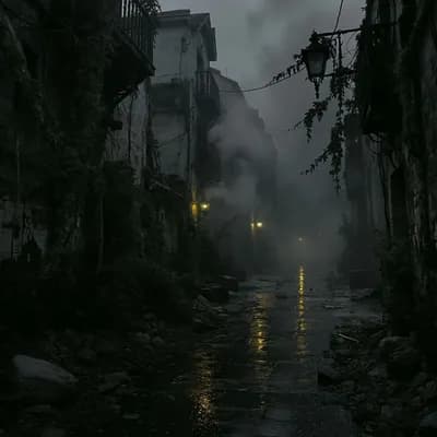 AI generated video: Tracking shot forward at ground level, following the reflection of streetlights on the wet cobblesto...