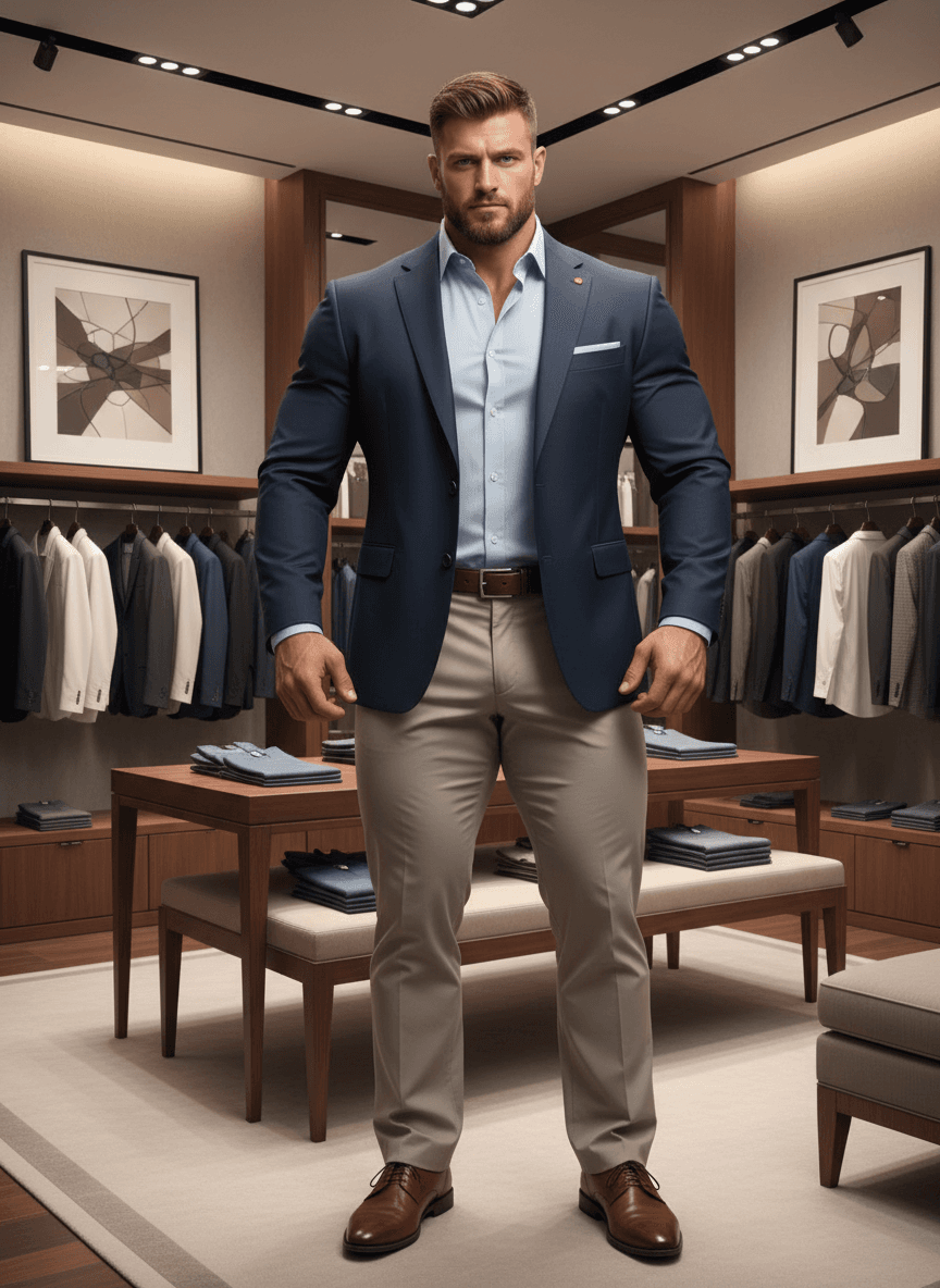 AI generated: At a very luxurious clothing store. His pants are beige, he has a dress baby blue shirt long sleeve....