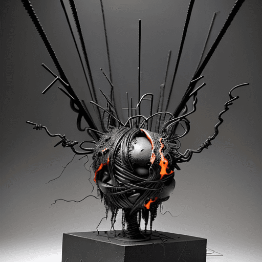 AI generated: Abstract sculpture, very chaotic and apocalyptic intricate expression, made of burned black wires an...