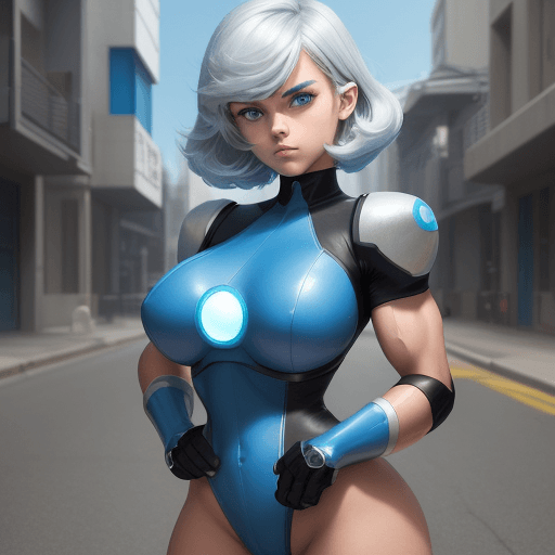AI generated: Cute, pretty teenage robot girl / keeping the streets safe for all / Mecha teen power!,((large breas...