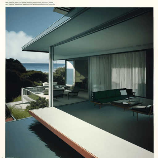 AI generated: Hyper realistic eye level exterior photo of a mid century modern style house overlooking the ocean, ...